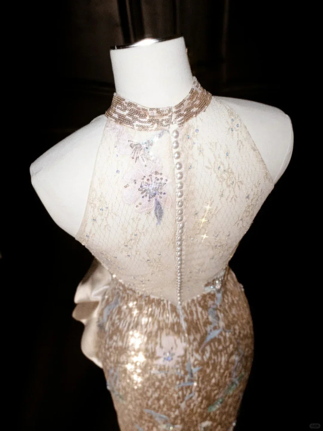 Glitter Champagne Gold Sequin Sheath Prom Dress Halter Long Evening Dress Y8653