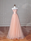 Pretty Peach Pink Strapless Sequins Tulle A Line Long Prom Dress Evening Dress Y8645