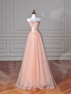 Pretty Peach Pink Strapless Sequins Tulle A Line Long Prom Dress Evening Dress Y8645