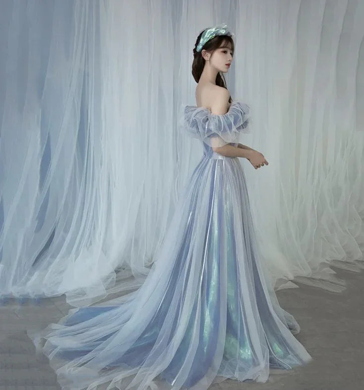 Romantic tulle long A line prom dress blue evening gown Y6572