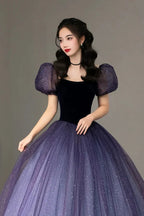 Purple Tulle Short Sleeve Formal Dress Cute A-Line Evening Dress Y4291