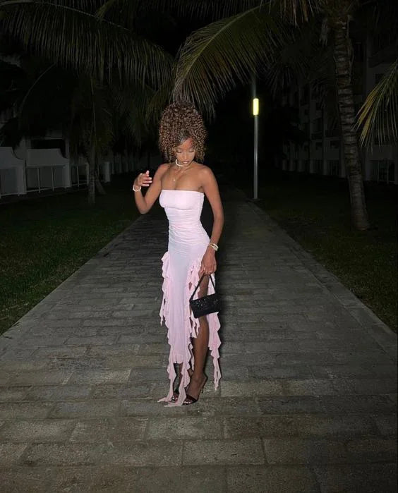 Pink Strapless Ruffle Evening Dress Women Sexy Bodycon Fringe Elegant Sleeveless Backless Holiday Club Party Dress Y6438