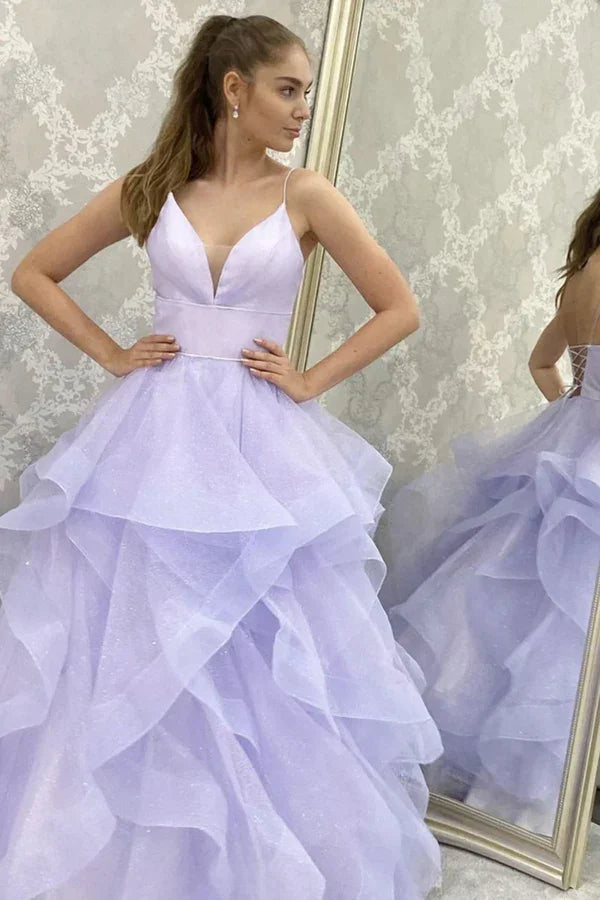 V Neck Backless Fluffy Lilac Long Prom Dress Backless Lilac Formal Evening Dress Y910