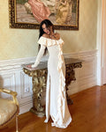 Classy Off The Shoulder Ruffles Cream Long Prom Dress Slit Party Evening Dress Y7975