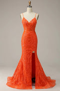 Orange Spaghetti Straps Mermaid Prom Dress,Charming Evening Dress Y1760