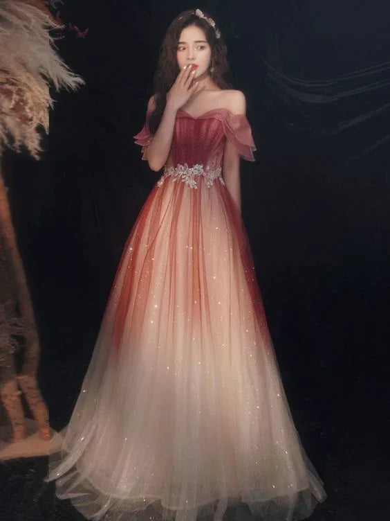 Cute Tulle Sequins Long Prom Dresses A-Line Ombre Evening Dresses Y5850