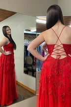 Red Plunging V Neck Floral Appliques Long Prom Dress with Slit