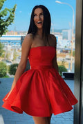 Red Satin A-line Strapless Short Homecoming Dresses, Short Party Dresses