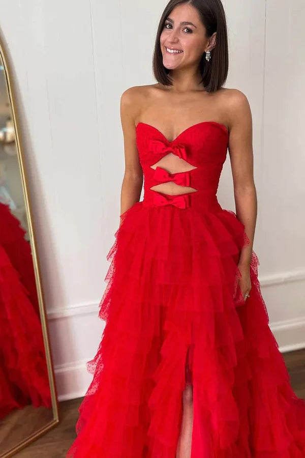 Red Strapless A-line Layers Bows Long Prom Dress with Slit