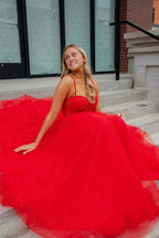 Straps Beaded A-Line Sparkly Red Prom Dress with Split