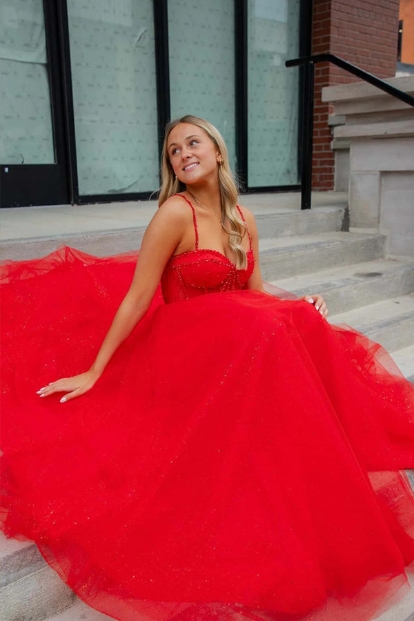 Straps Beaded A-Line Sparkly Red Prom Dress with Split