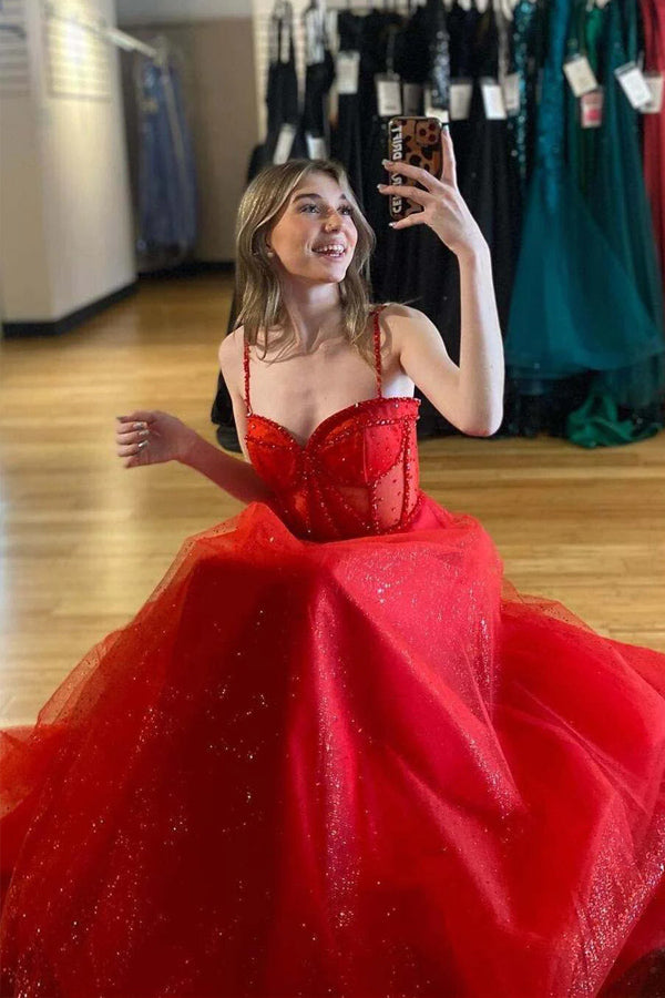 Straps Beaded A-Line Sparkly Red Prom Dress with Split