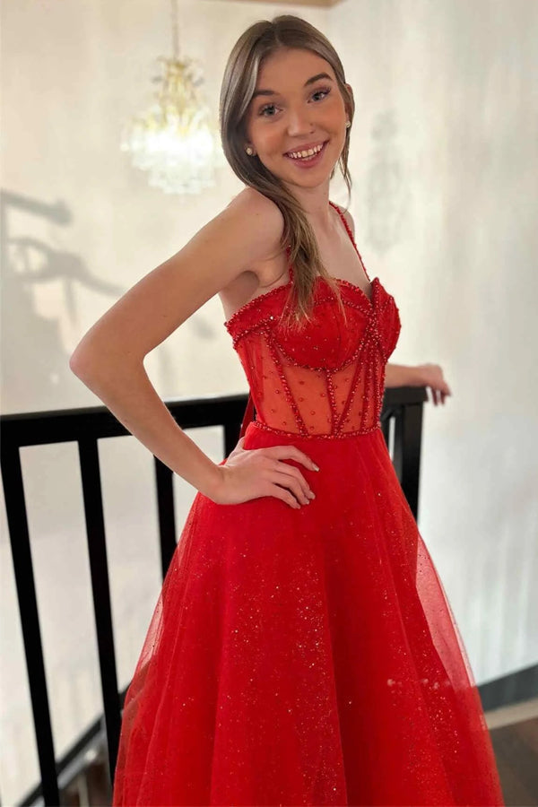 Straps Beaded A-Line Sparkly Red Prom Dress with Split