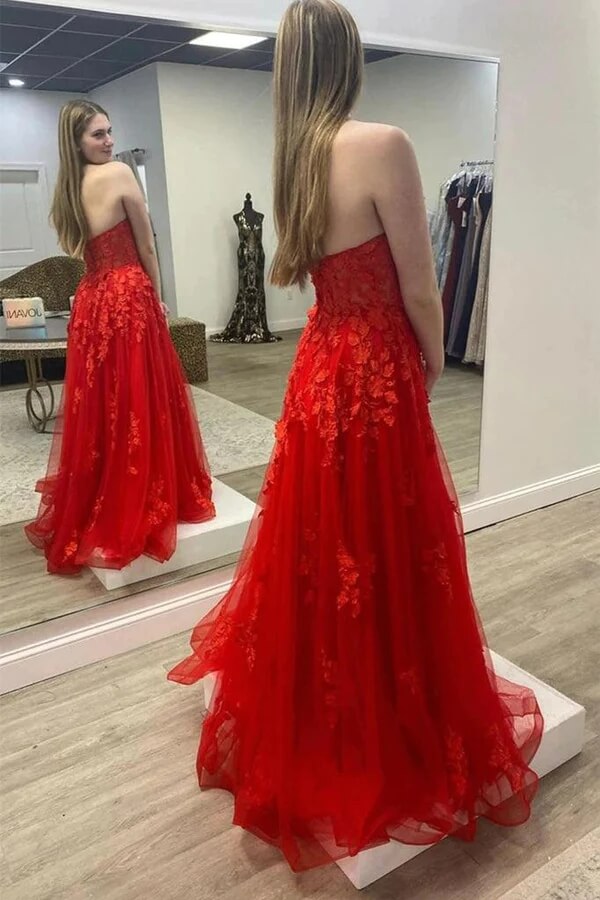 Tulle Strapless Long Prom Dresses, Evening Gown With Lace Appliques