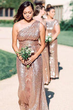 Rose Gold Sparkly Bridesmaid Dresses Sequins Lace One Shoulder  BD096