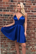 Simple Royal Blue Satin Backless Homecoming Dresses, Short Prom Dress