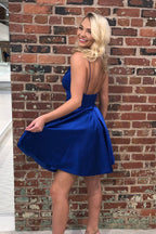 Simple Royal Blue Satin Backless Homecoming Dresses, Short Prom Dress