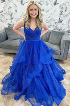 Royal Blue Sparkle Tulle V-Neck Multi-Layer Long Prom Dress