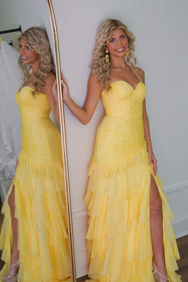 Ruched Ruffle Fitted Yellow Long Prom Dress with Slit
