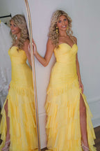 Ruched Ruffle Fitted Yellow Long Prom Dress with Slit
