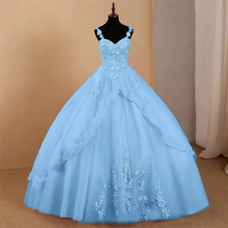 Custom Ball Gown Quinceanera Dress Spaghetti Straps Tulle Appliques Evening Gown