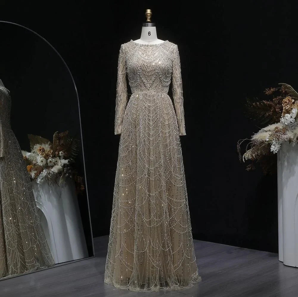 Contessa Custom formal gown elegant beaded tulle evening dress long sleeve boat neck floor length A line glam sparkly prom party