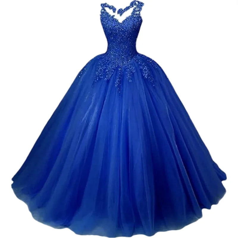 Customized Women's Beaded Lace Appliques Prom Dress Long Ball Gown Quinceanera Dresses Tulle Formal Sweet 16 Dress for Teens
