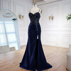 Classy Navy Satin Prom Dress with Lace Beaded and Slit LA73003