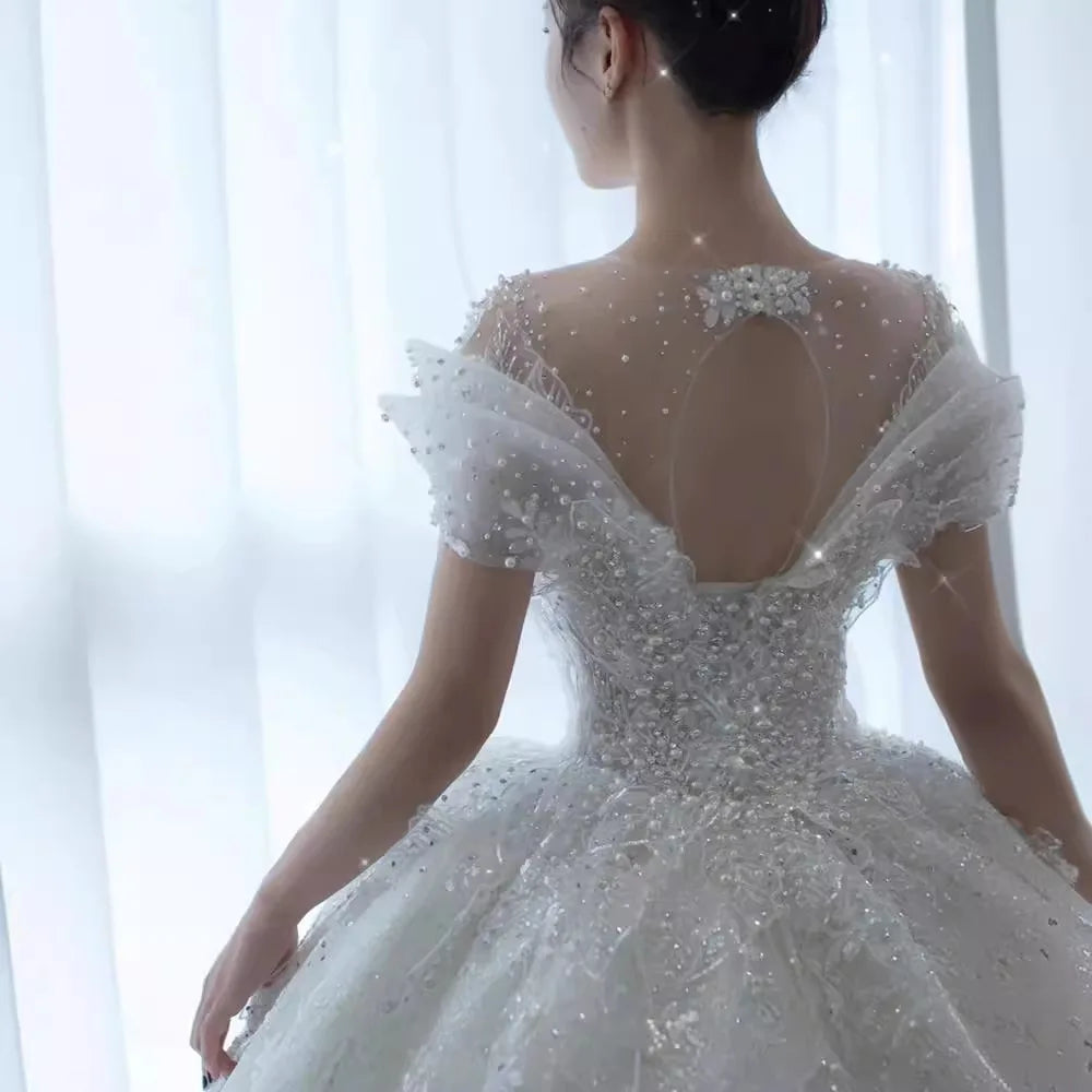 2025 Princess Sexy Luxury Crystal Beaded Wedding Dress Puff Tulle White Gown Bride Pregnant Women's High-end Gown with Trailing