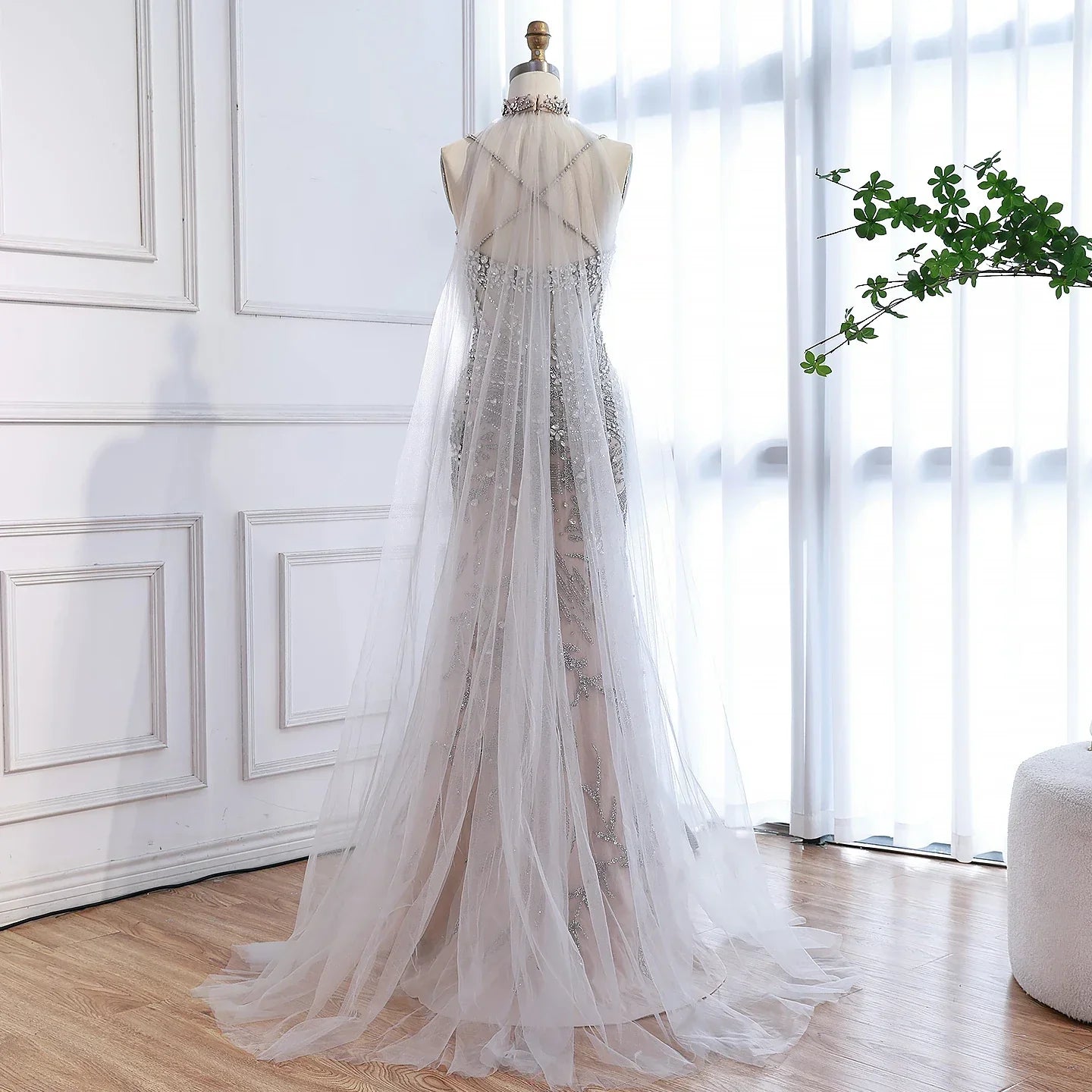 Luxury Evening Dress Grey Beaded With Cape Prom Gown LA73342