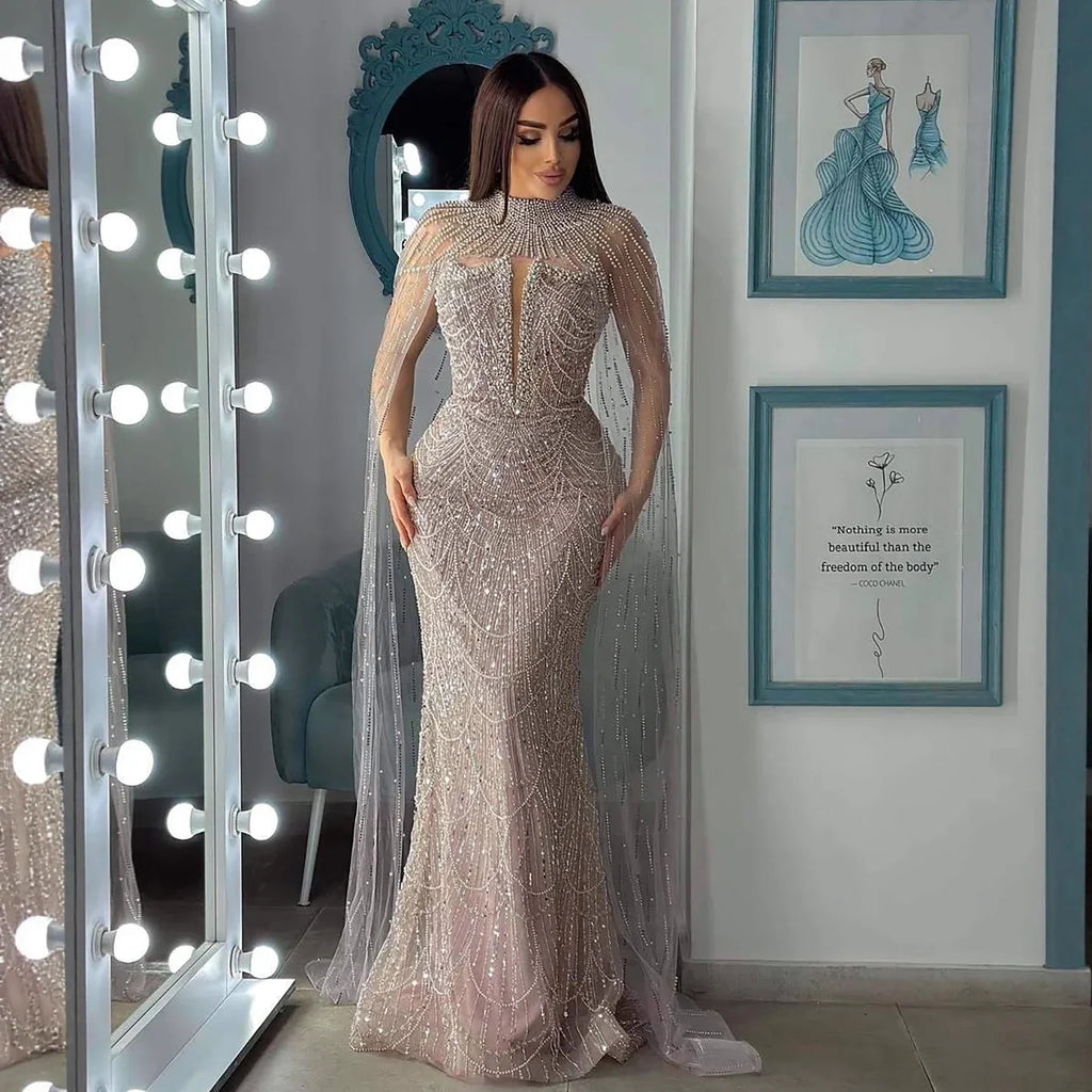 Luxury Evening Dress Nude Pearls Beaded Gown With Tulle Train LA72189A