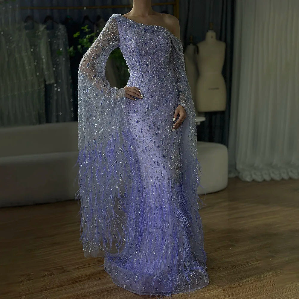 Luxury Feather One Shoulder Evening Dress with Cape Sleeves LA72763