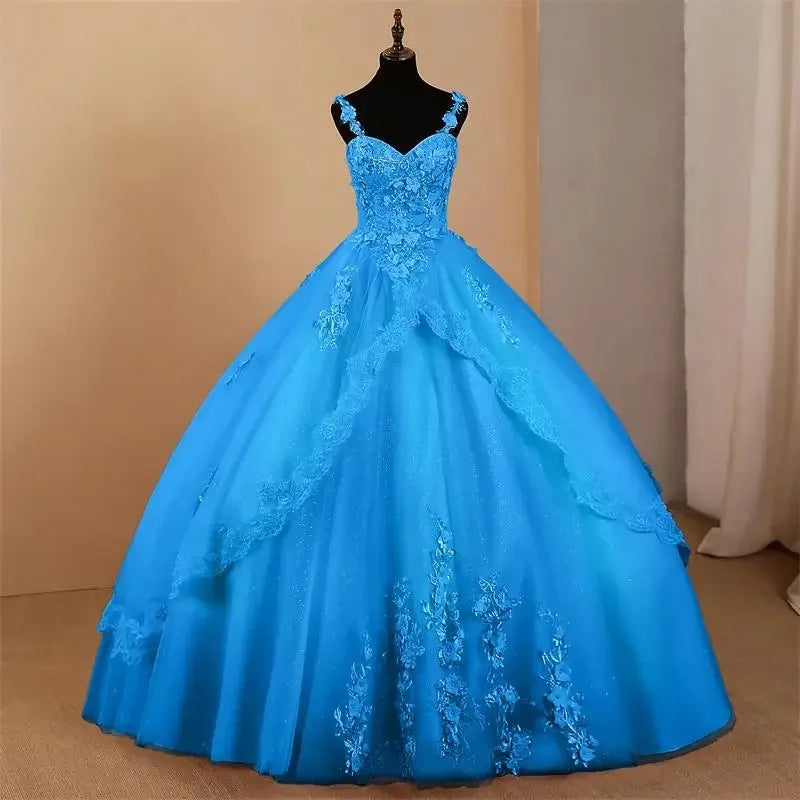 Custom Ball Gown Quinceanera Dress Spaghetti Straps Tulle Appliques Evening Gown