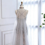 Luxury Evening Dress Grey Beaded With Cape Prom Gown LA73342