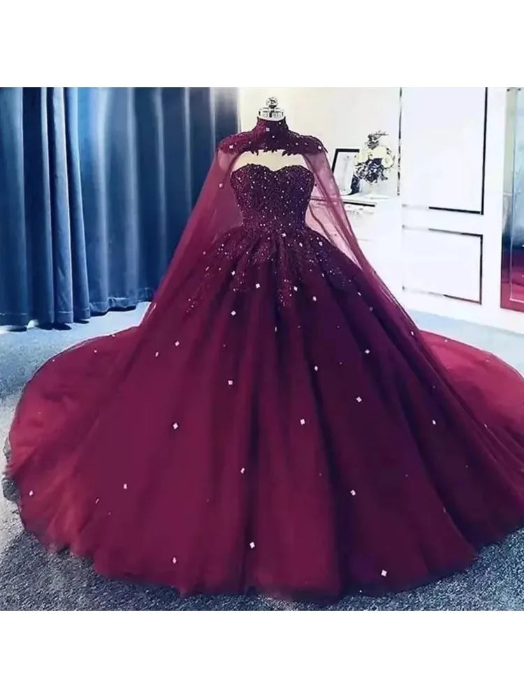 Quinceanera Dresses Elegant Sexy Cloak Sweetheart Appliques Crystal Ball Gown with Plus Size Sweet 16 Debutante Party Birthday