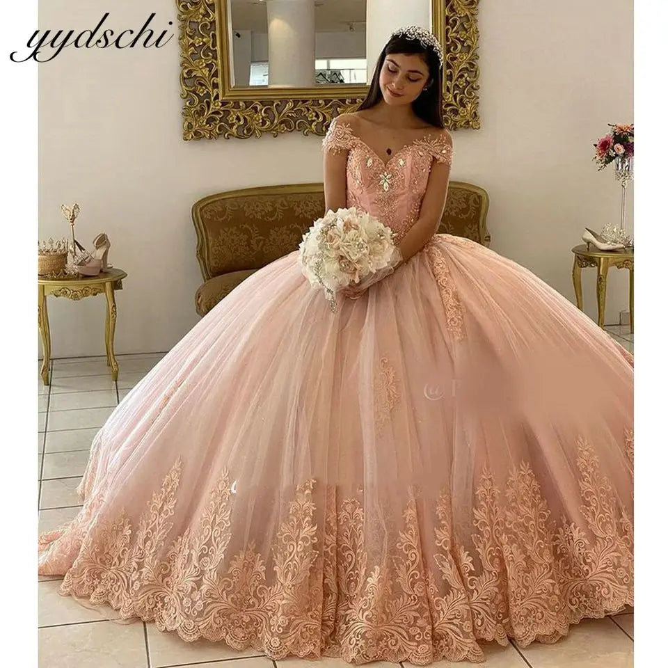Customized Dresses 2026 Pink Off The Shoulder For Ball Gown Princess Appliques Tulle Birthday Party Dress Vestidos De 15 Años