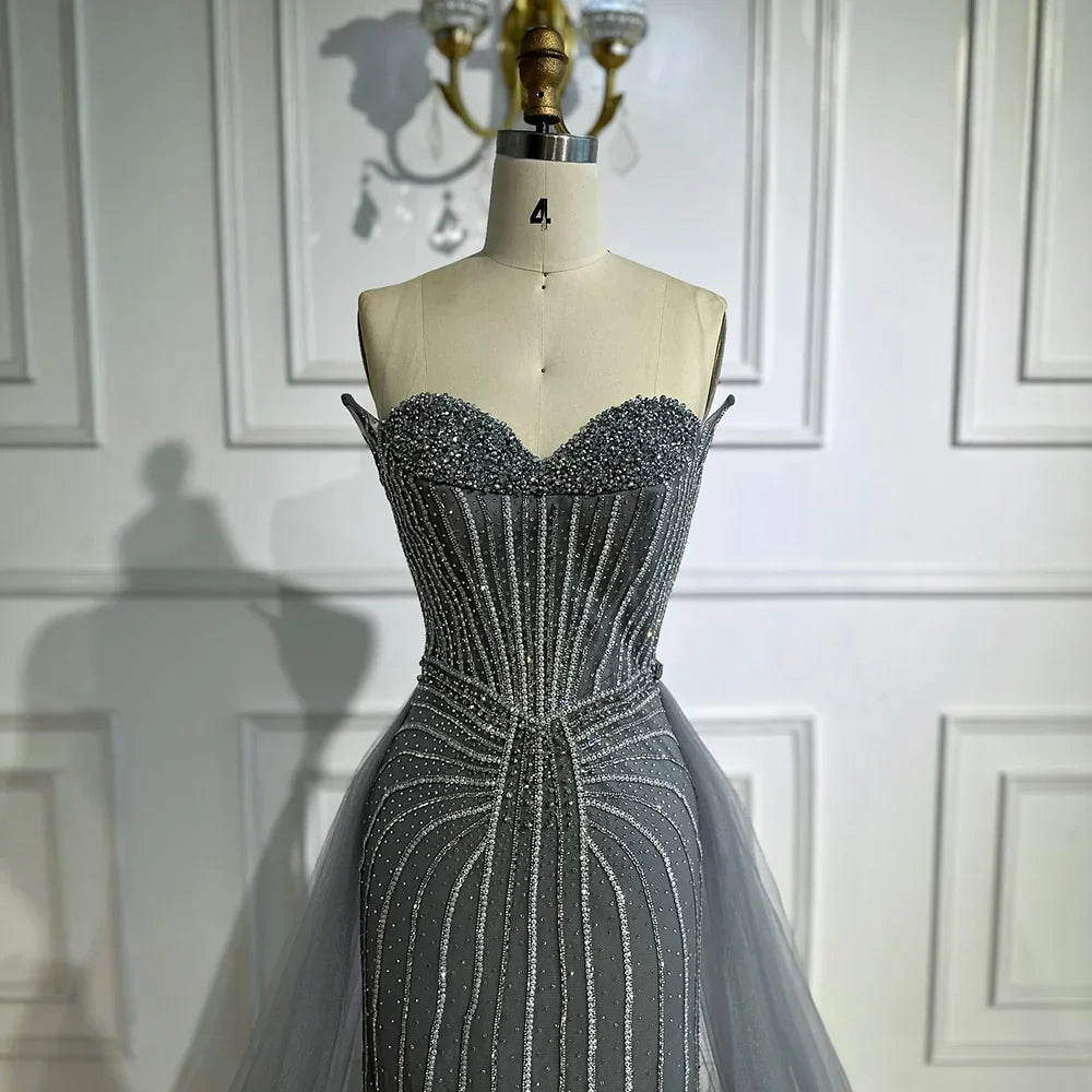 Pink Pearls Beaded Arabic Mermaid Evening Dress with Overskirt LA72811B