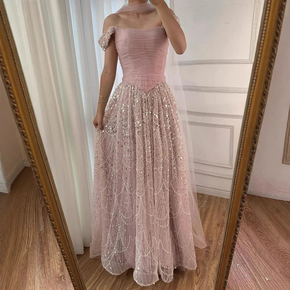 Luxury Arabic Pink Pearls Beaded Evening Dress With Cape LA72922