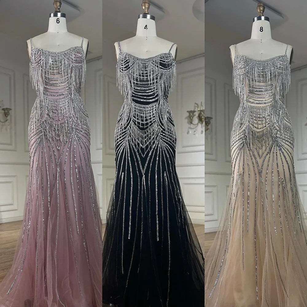 Luxury Nude Pink Crystal Tassel Mermaid Evening Dress LA72772