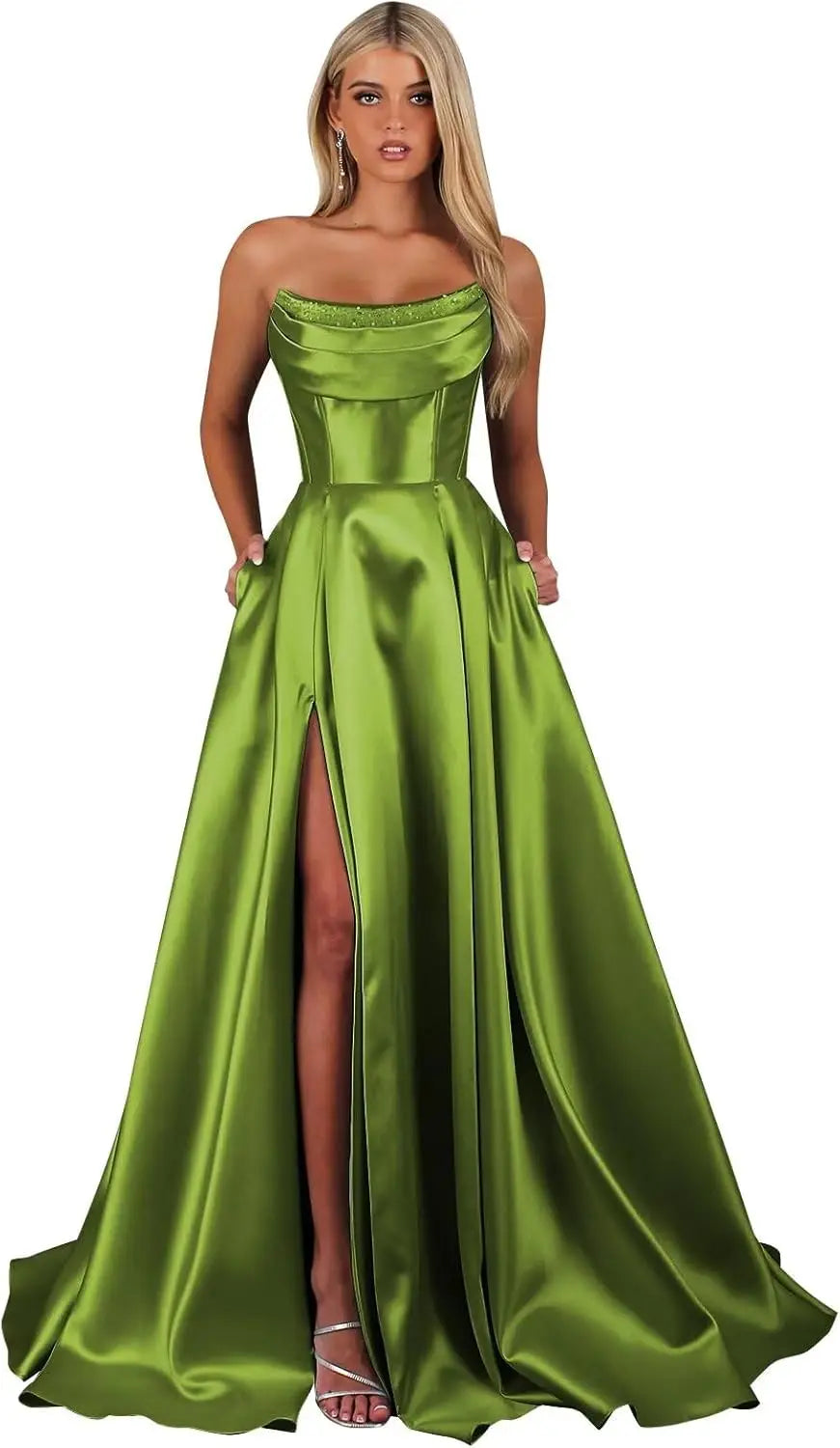 Strapless Corset Prom Dresses for Women with Slit Long Satin Formal Evening Gowns with Pockets Elegant Sleeveless Party Dress
