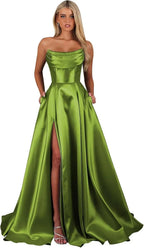 Strapless Corset Prom Dresses for Women with Slit Long Satin Formal Evening Gowns with Pockets Elegant Sleeveless Party Dress