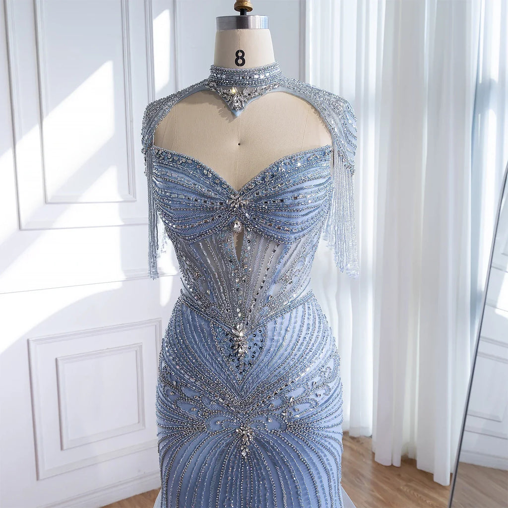 Luxury Dubai Beaded Blue Pink Evening Dress with Tassel Cape LA72897B