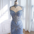 Luxury Dubai Beaded Blue Pink Evening Dress with Tassel Cape LA72897B
