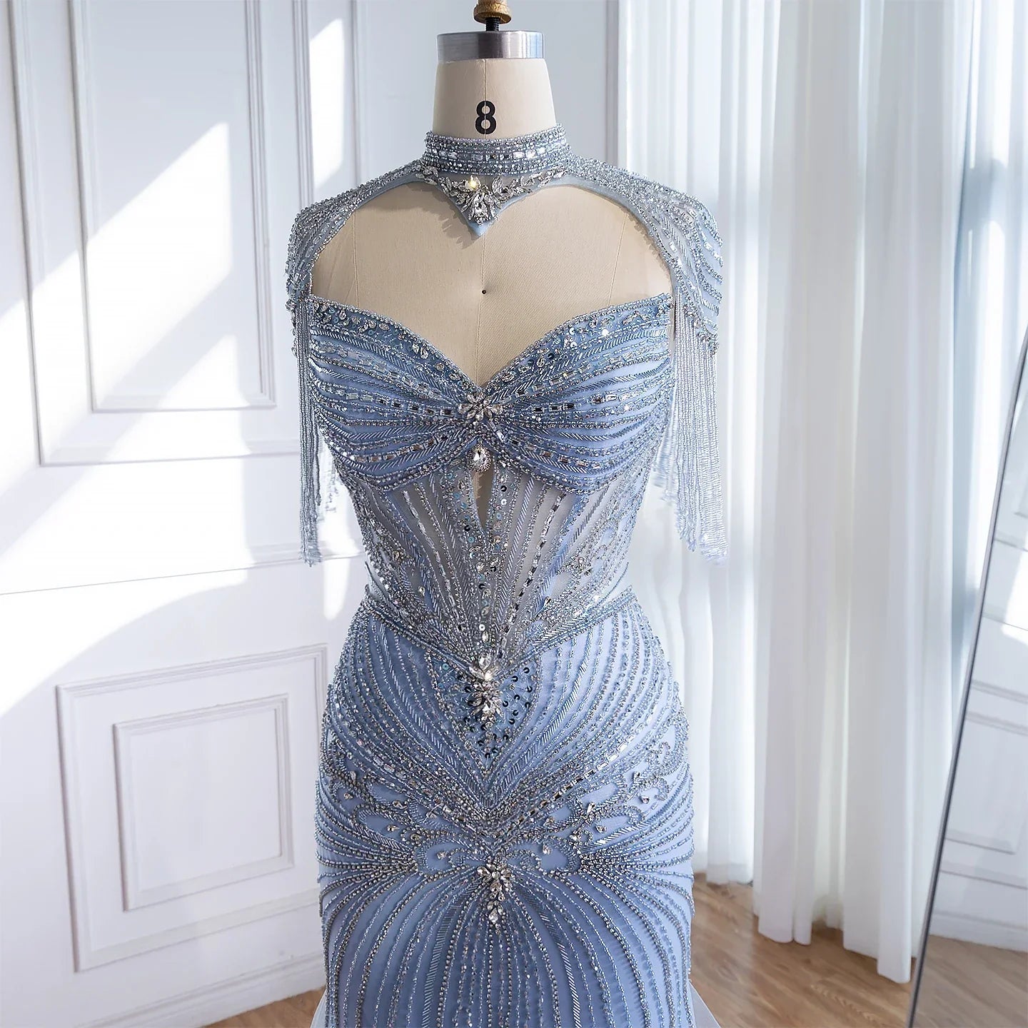 Luxury Dubai Beaded Blue Pink Evening Dress with Tassel Cape LA72897B
