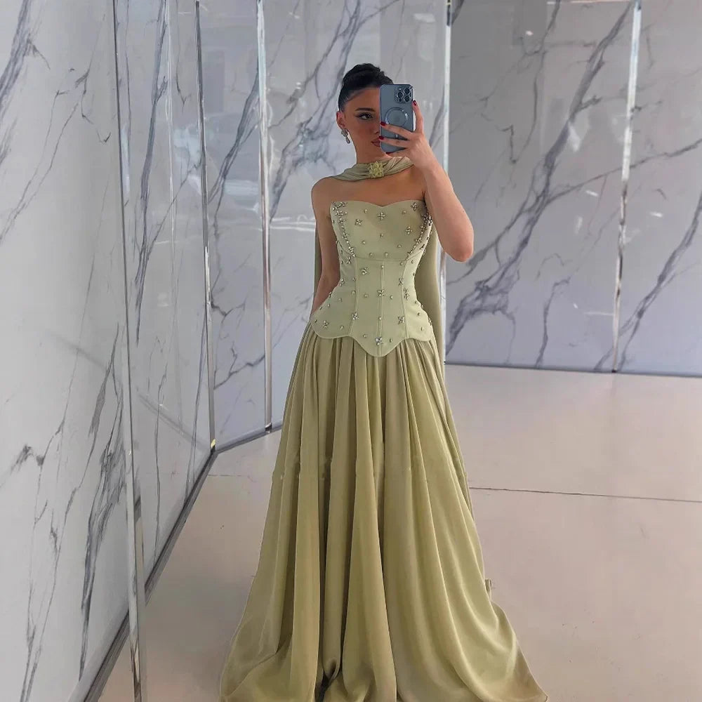 Classy Sage Green   A-Line Chiffon Evening Dress LA73073