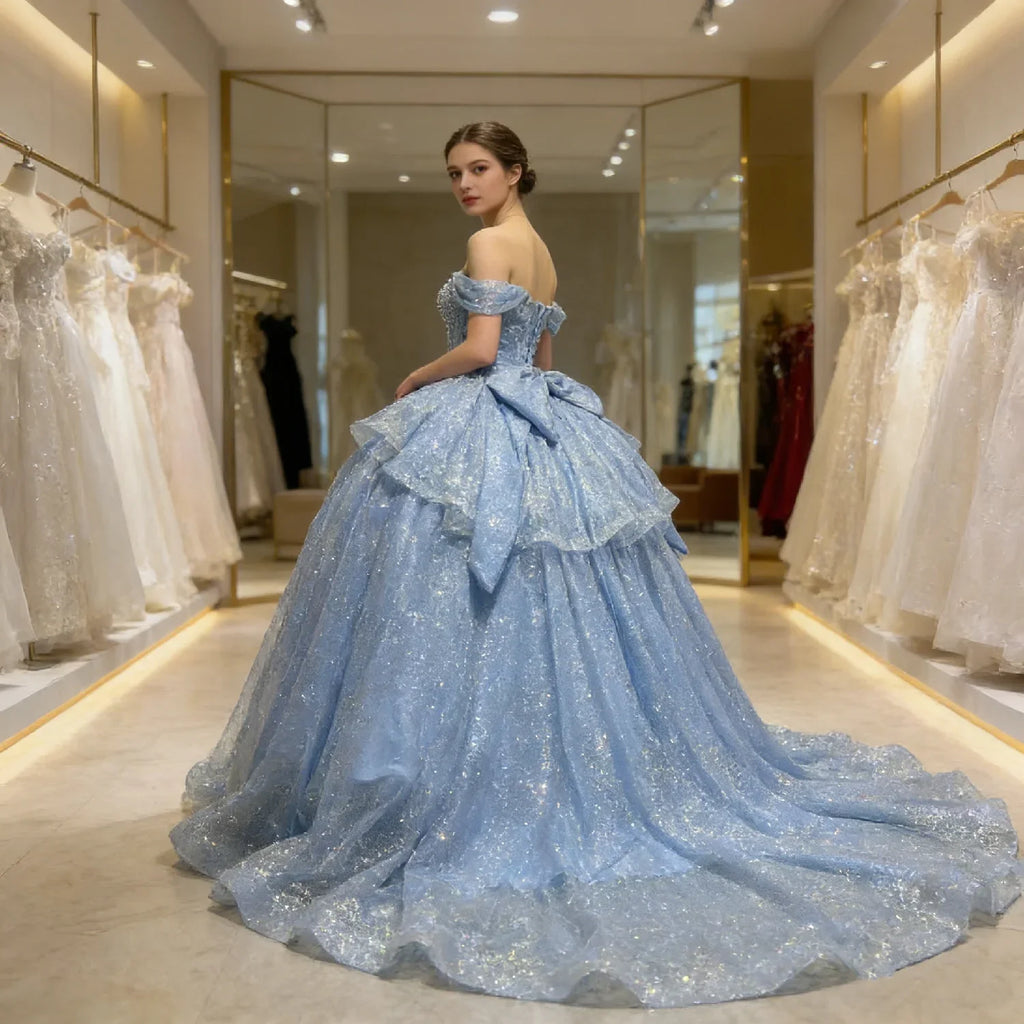 Real Picture Sky Blue Cap Sleeve Pearls Tiered Ball Gown Tulle Shinny Women Prom Party Occasion Wear Quinceanera 15 Customized