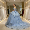 Real Picture Sky Blue Cap Sleeve Pearls Tiered Ball Gown Tulle Shinny Women Prom Party Occasion Wear Quinceanera 15 Customized