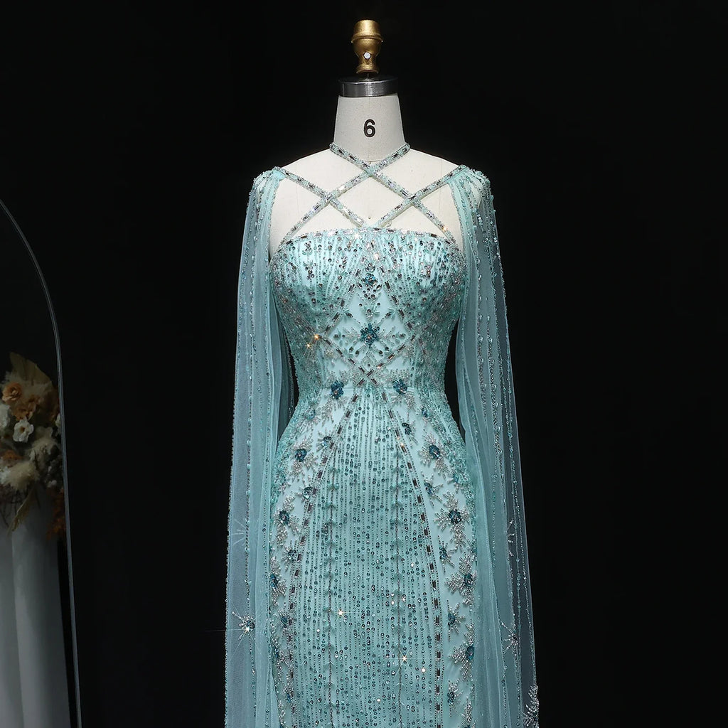 Sharon Said Luxury Dubai Aqua Lilac Mermaid Evening Dress with Cape Sleeve Criss Cross Women Wedding Party Gown SS391 Customized