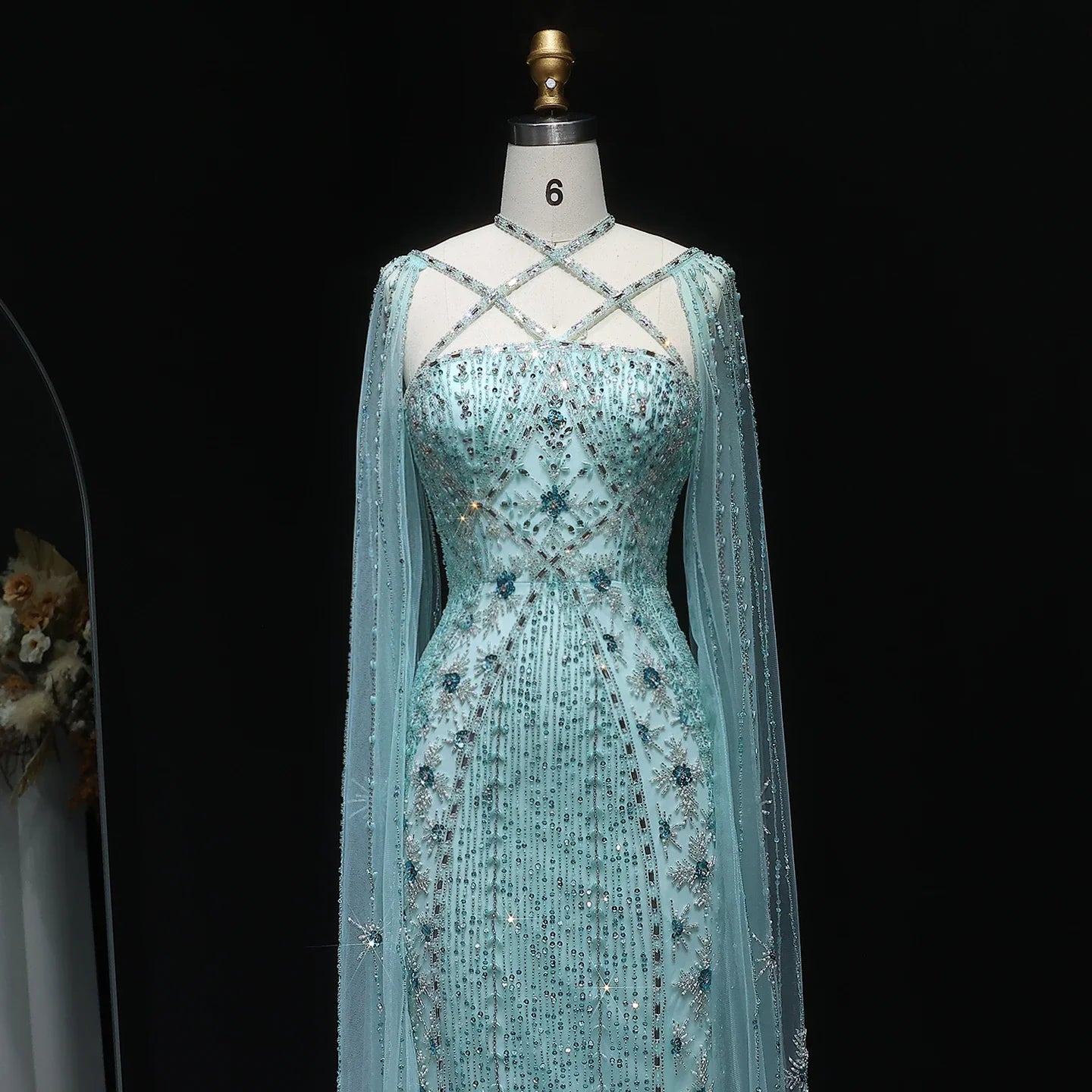 Sharon Said Luxury Dubai Aqua Lilac Mermaid Evening Dress with Cape Sleeve Criss Cross Women Wedding Party Gown SS391 Customized