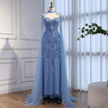 Luxury Blue Sequin Beaded Evening Dress with Cape Sleeves LA73108